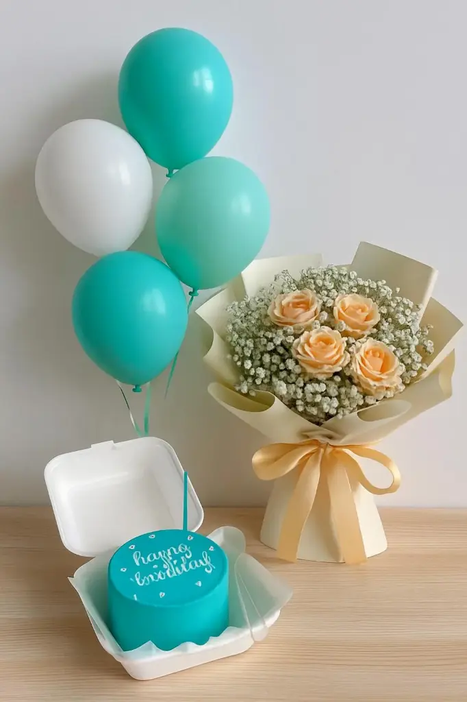 Blue Celebration Gift Bundle – Cake, Flowers & Balloons