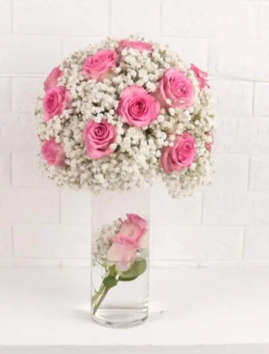 Pink Cloud Charm – 15 Pink Roses in Baby’s Breath Bloom