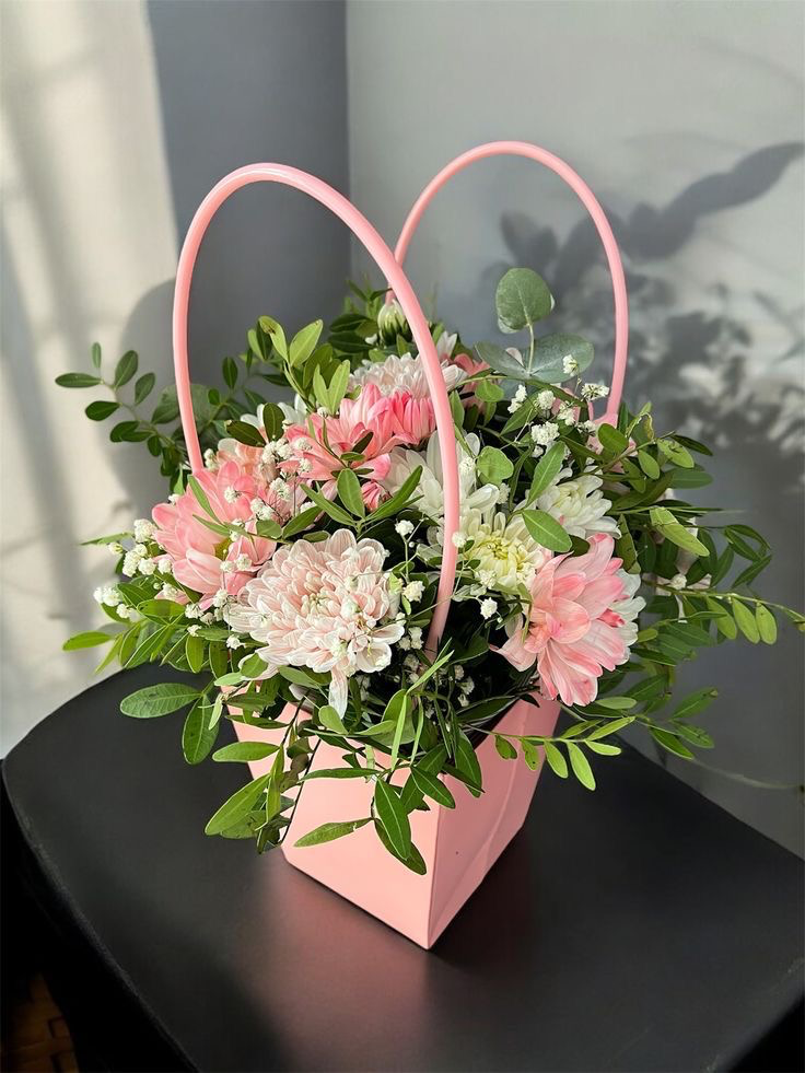 Blush Basket- Pink & White Daisy Arrangement