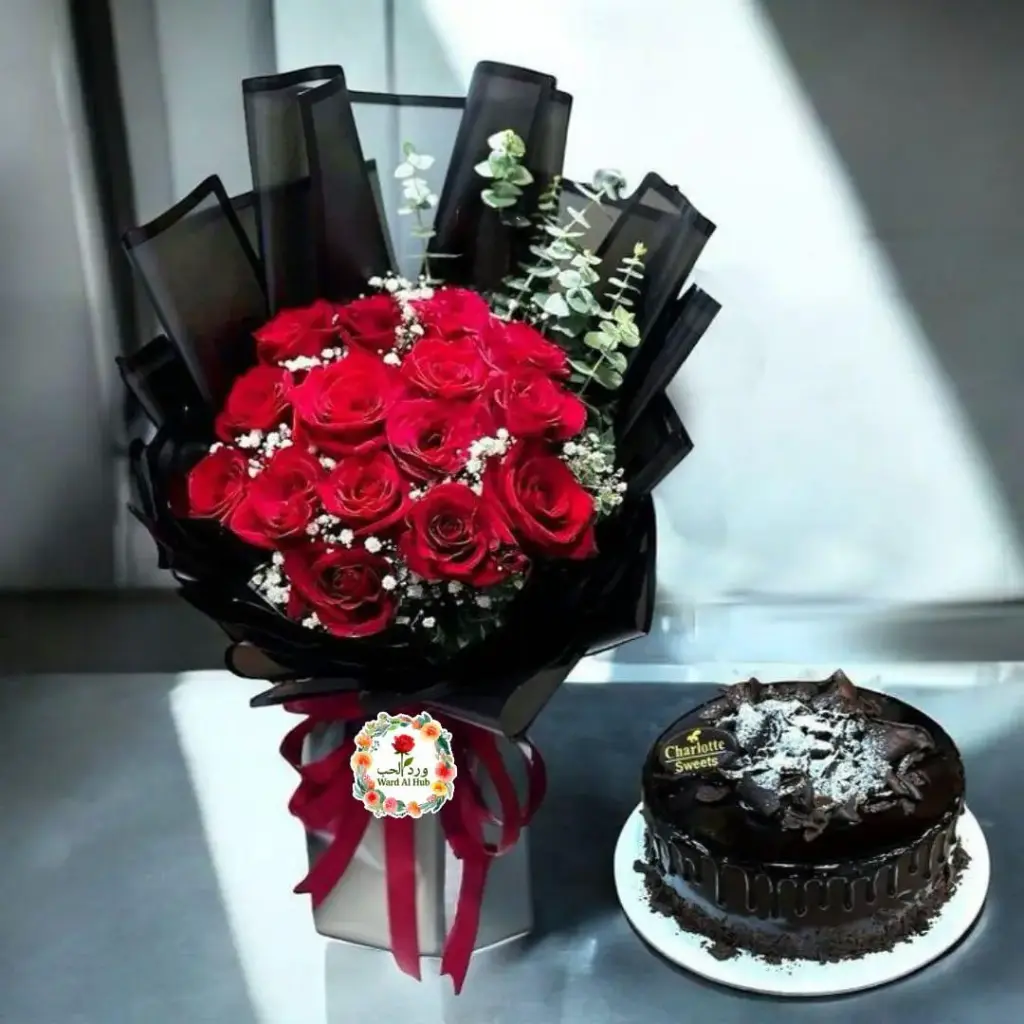 🍫🌹 Sweet Love Combo – Red Rose Bouquet with Gourmet Chocolate Cake